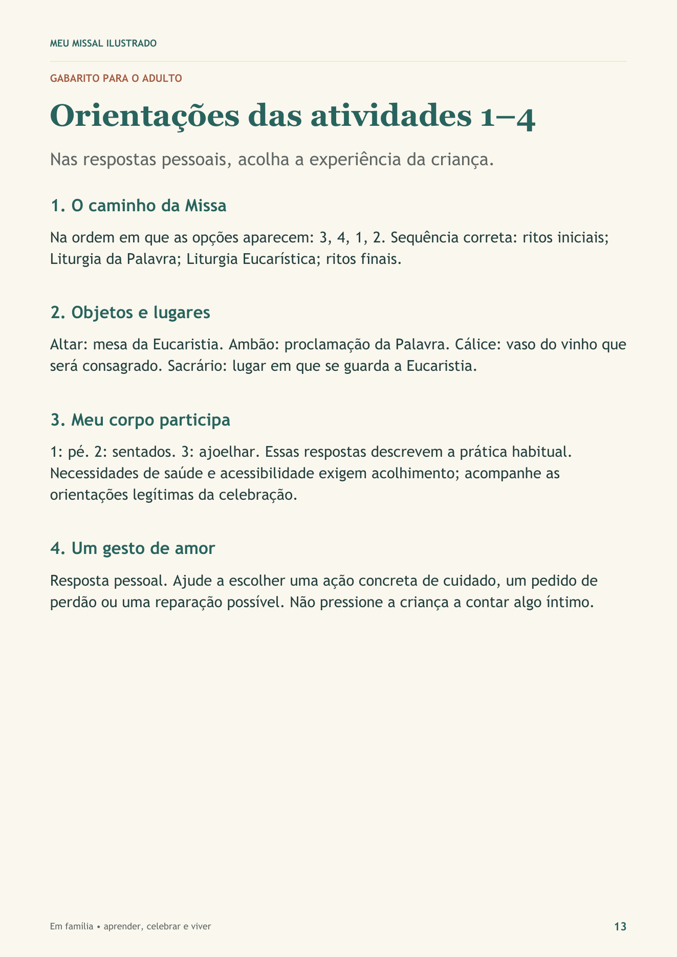 Caderno de atividades, página 13: gabarito e orientações das atividades 1 a 4 para o adulto