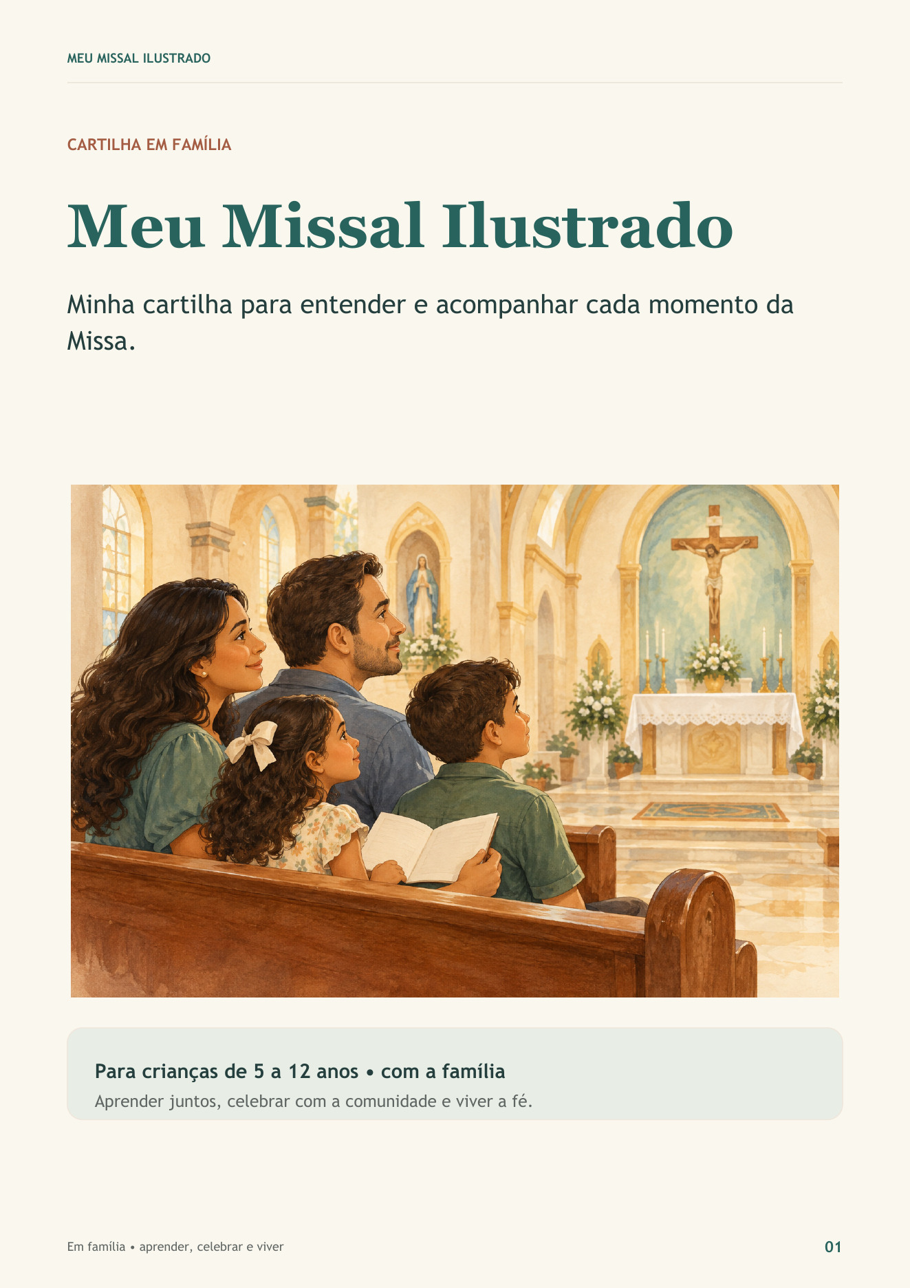 Capa da cartilha Meu Missal Ilustrado: uma família no banco da igreja, olhando para o altar
