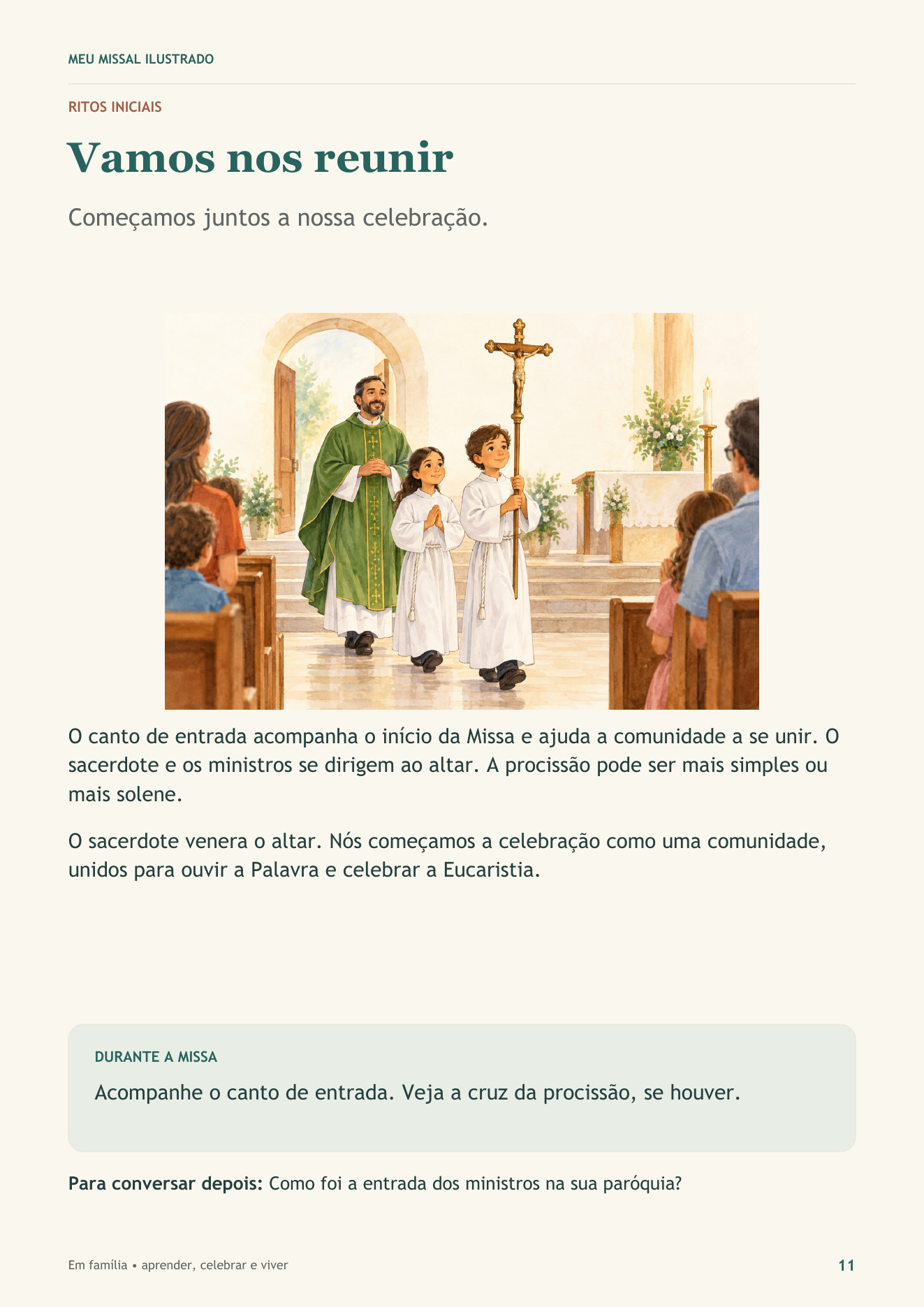 Página 11 da cartilha: Vamos nos reunir, com ilustração da procissão de entrada