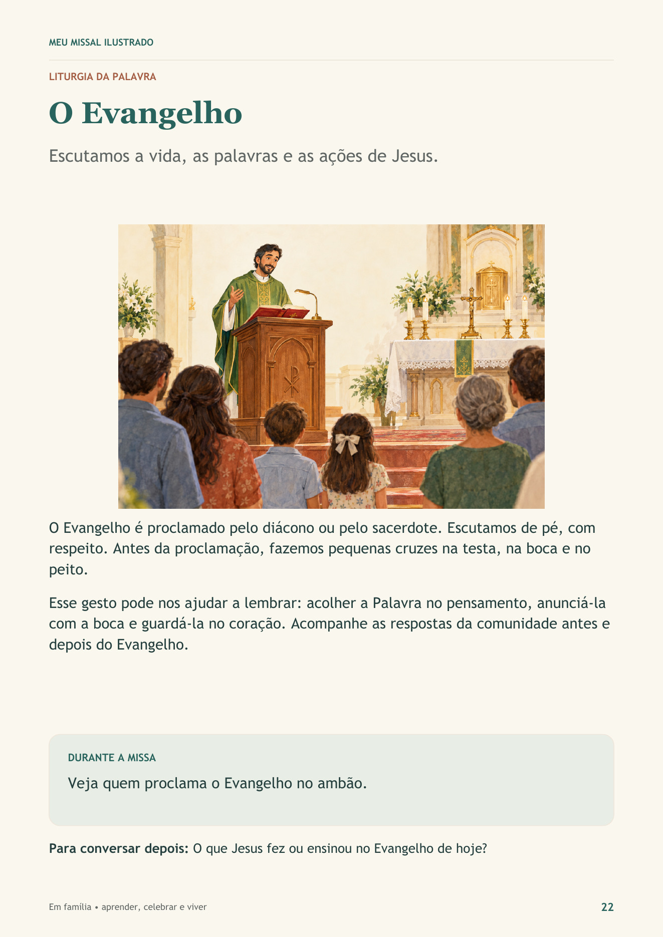 Página 22 da cartilha: O Evangelho, com ilustração do sacerdote proclamando o Evangelho no ambão