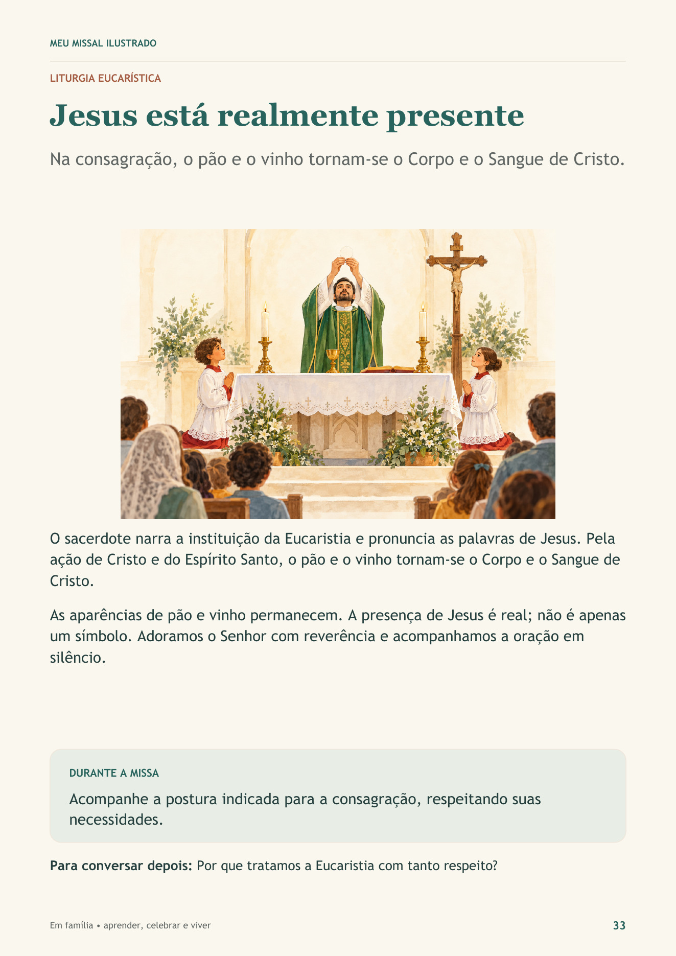 Página 33: Jesus está realmente presente, com ilustração da consagração