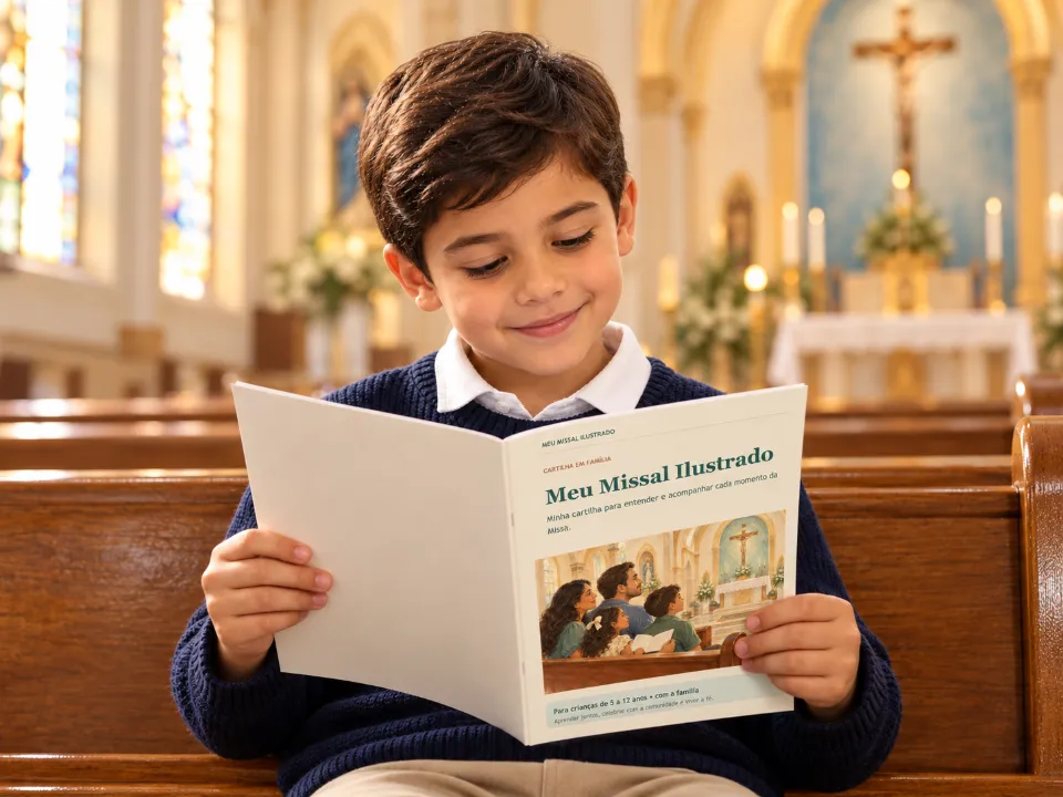 Menino sorrindo no banco da igreja enquanto lê a cartilha Meu Missal Ilustrado
