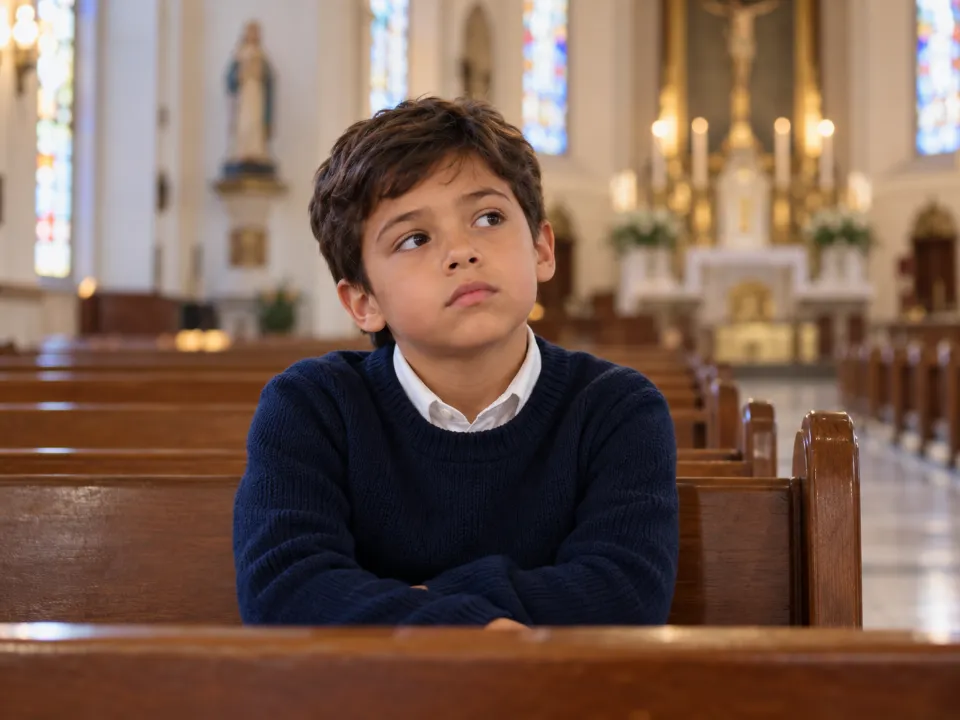 Menino sentado sozinho no banco da igreja, de braços cruzados e olhar distante
