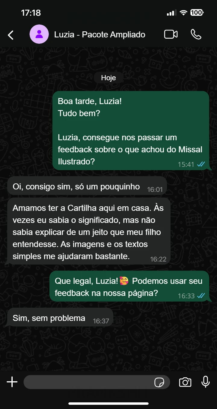 Print da conversa no WhatsApp com o feedback de Luzia, cliente do Pacote Ampliado, e a autorização para usá-lo na página