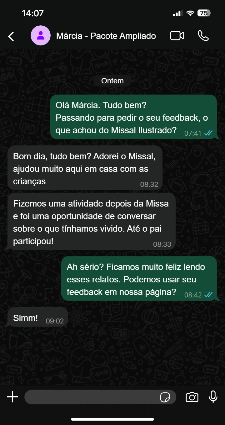 Print da conversa no WhatsApp com o feedback de Márcia, cliente do Pacote Ampliado, e a autorização para usá-lo na página