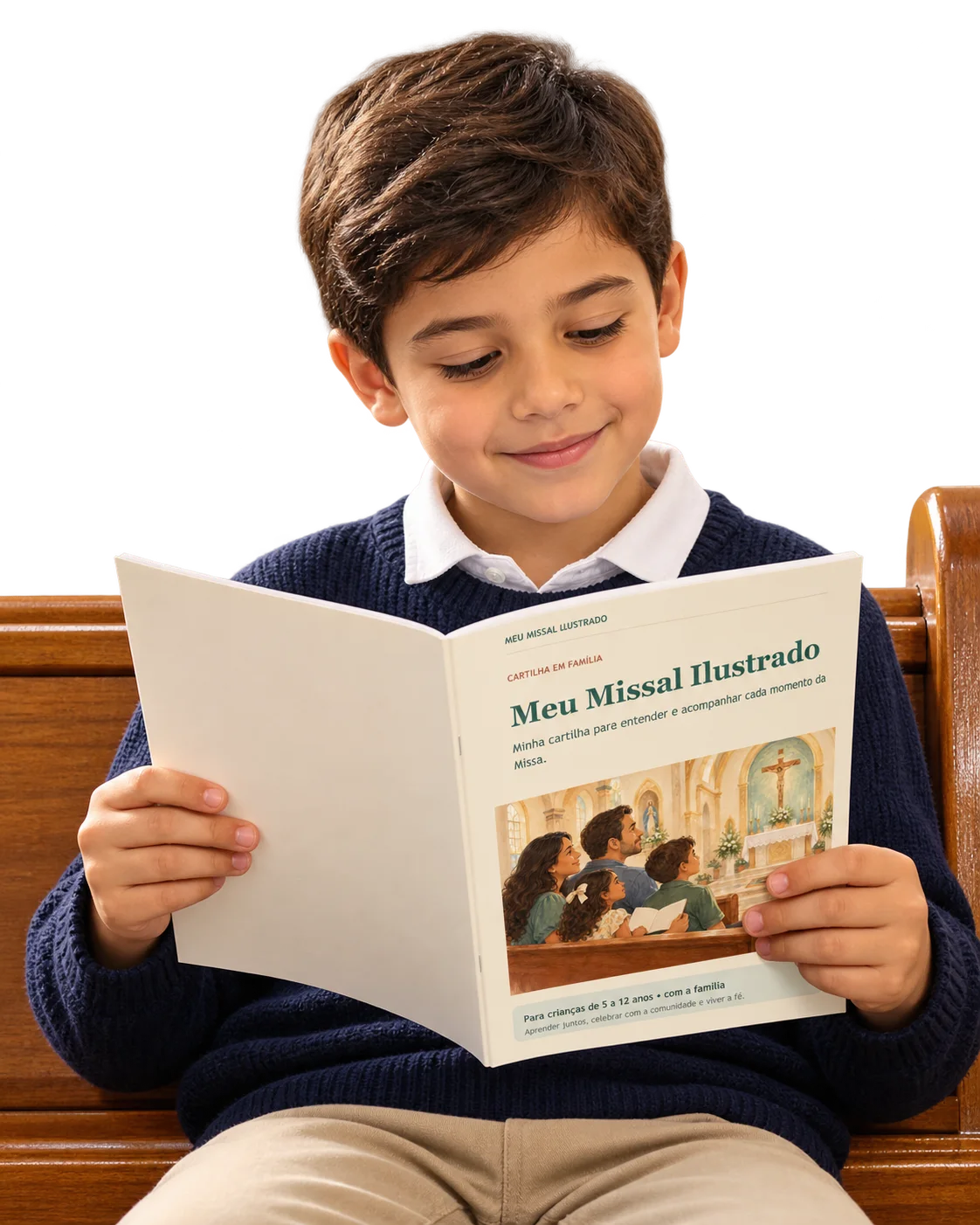 Menino sentado no banco da igreja, sorrindo enquanto lê a cartilha impressa Meu Missal Ilustrado
