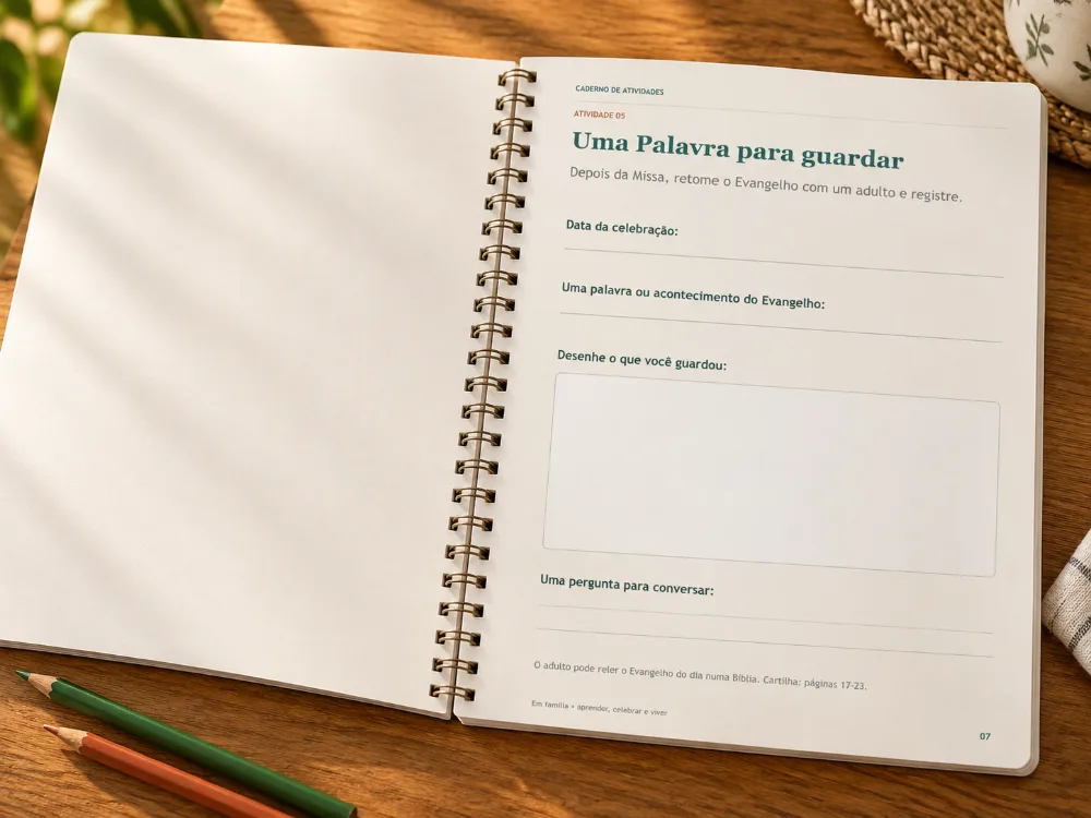 Caderno de atividades aberto sobre a mesa na atividade Uma Palavra para guardar, com lápis de cor ao lado