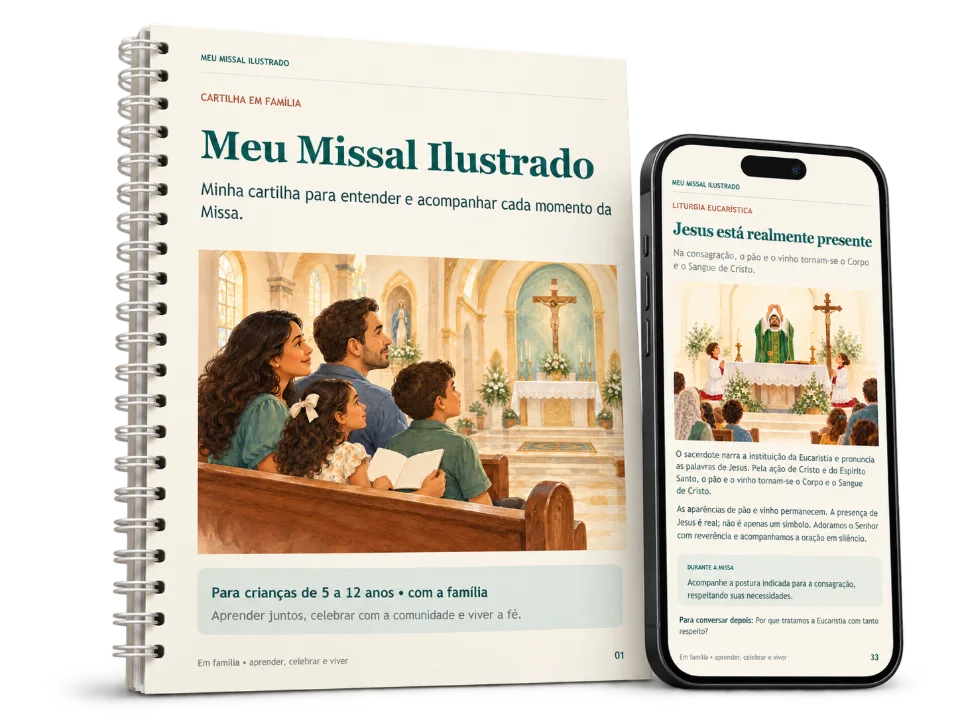 Cartilha Meu Missal Ilustrado impressa e encadernada em espiral, ao lado de um celular mostrando a página 33