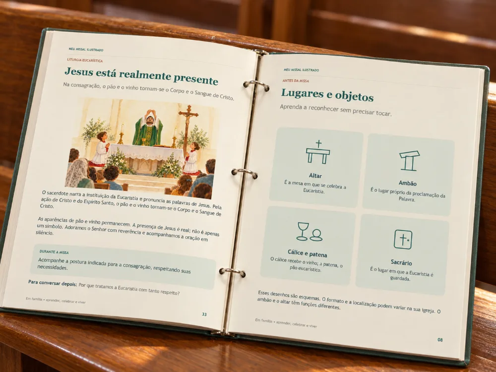 Cartilha impressa aberta sobre o banco da igreja, com o quadro Durante a Missa e a pergunta Para conversar depois