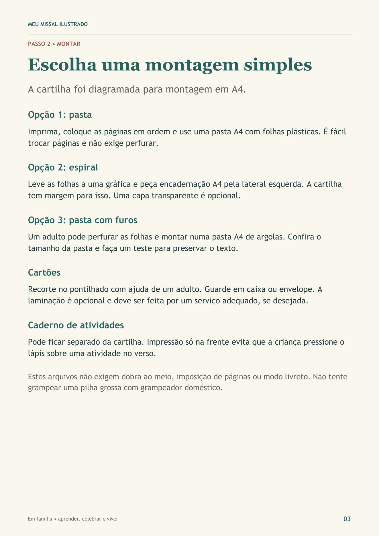Guia de impressão e montagem, página 3: opções de montagem em pasta, espiral ou pasta com furos