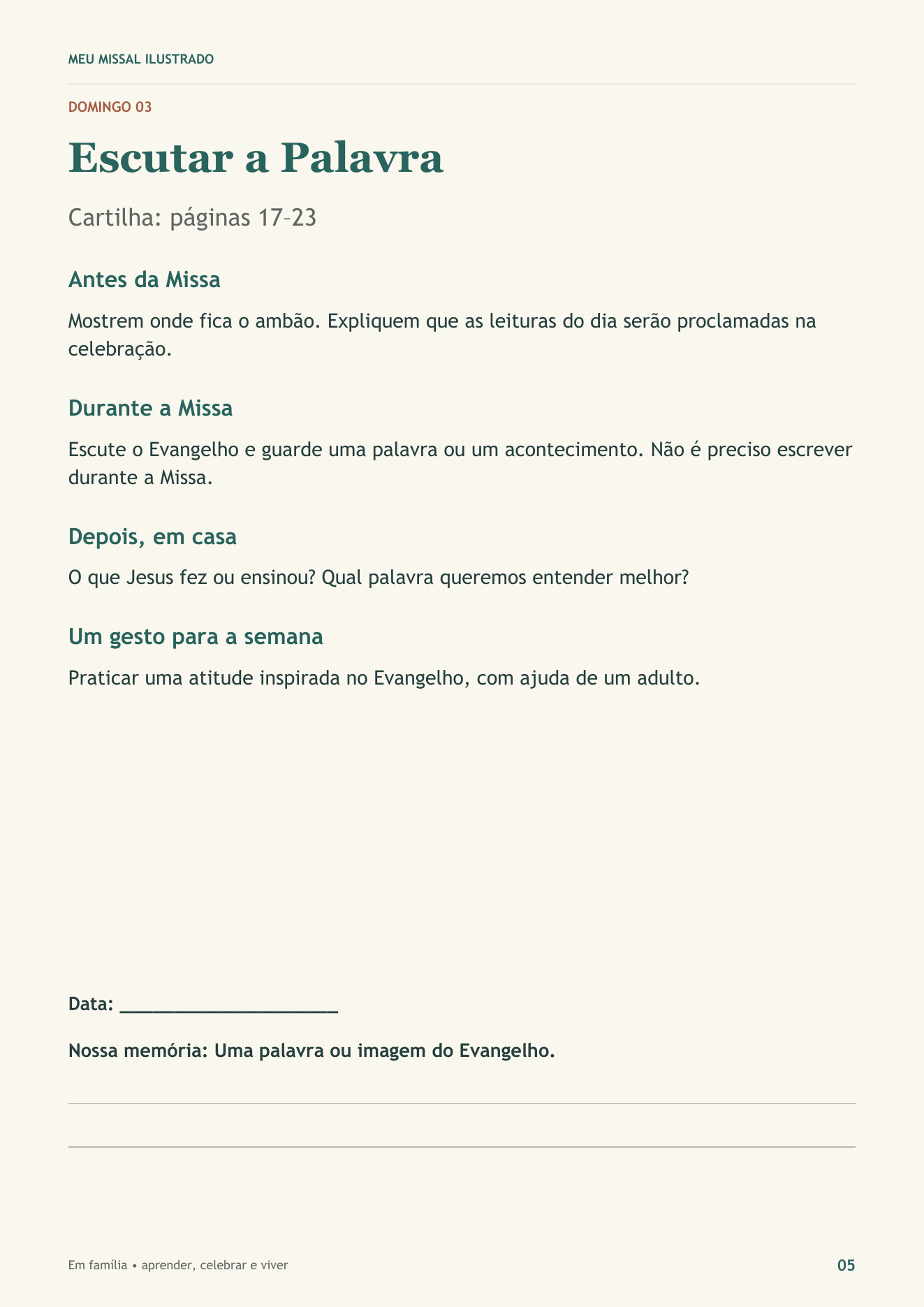 Plano de sete domingos, página 5: terceiro domingo, Escutar a Palavra